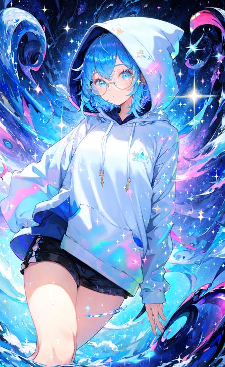 123978-4255190193-masterpiece, best quality, 1girl, blue hair, medium hair, hoodie, hood up, glasses, jewelry dynamic, colorful, cloudy sky, spark.png